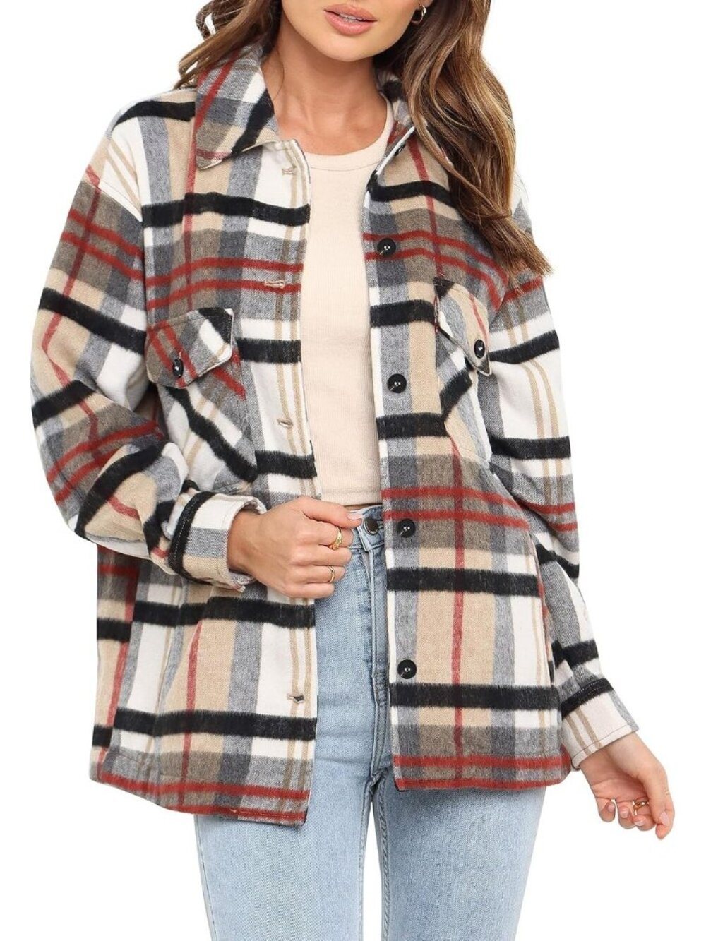 Women's Red-Black Fall Plaid Long Sleeve Bust Pocket Button Down Flannel Shacket